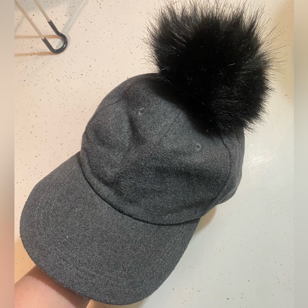 Grey Baseball Cap with Black Pom